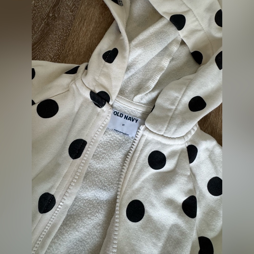 Old Navy White Hooded Zip Jacket with Black Polka Dots